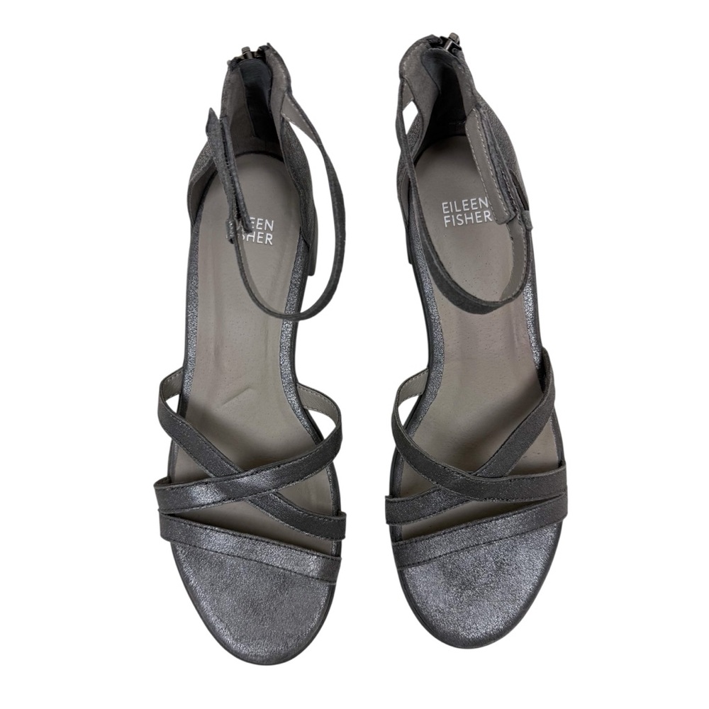 Eileen Fisher Noni Silver Metallic Strappy Block Heel Leather Sandals Size 8.5 - Picture 4 of 12